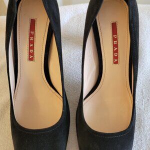 Authentic Prada Black Suede Shoes Block Heels Size 37.5/US 7.5 Made in Italy